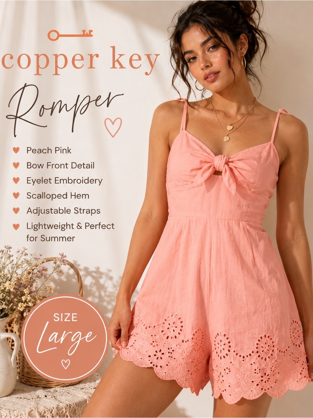 Copper Key Peach  Eyelet Bow-Front Romper
